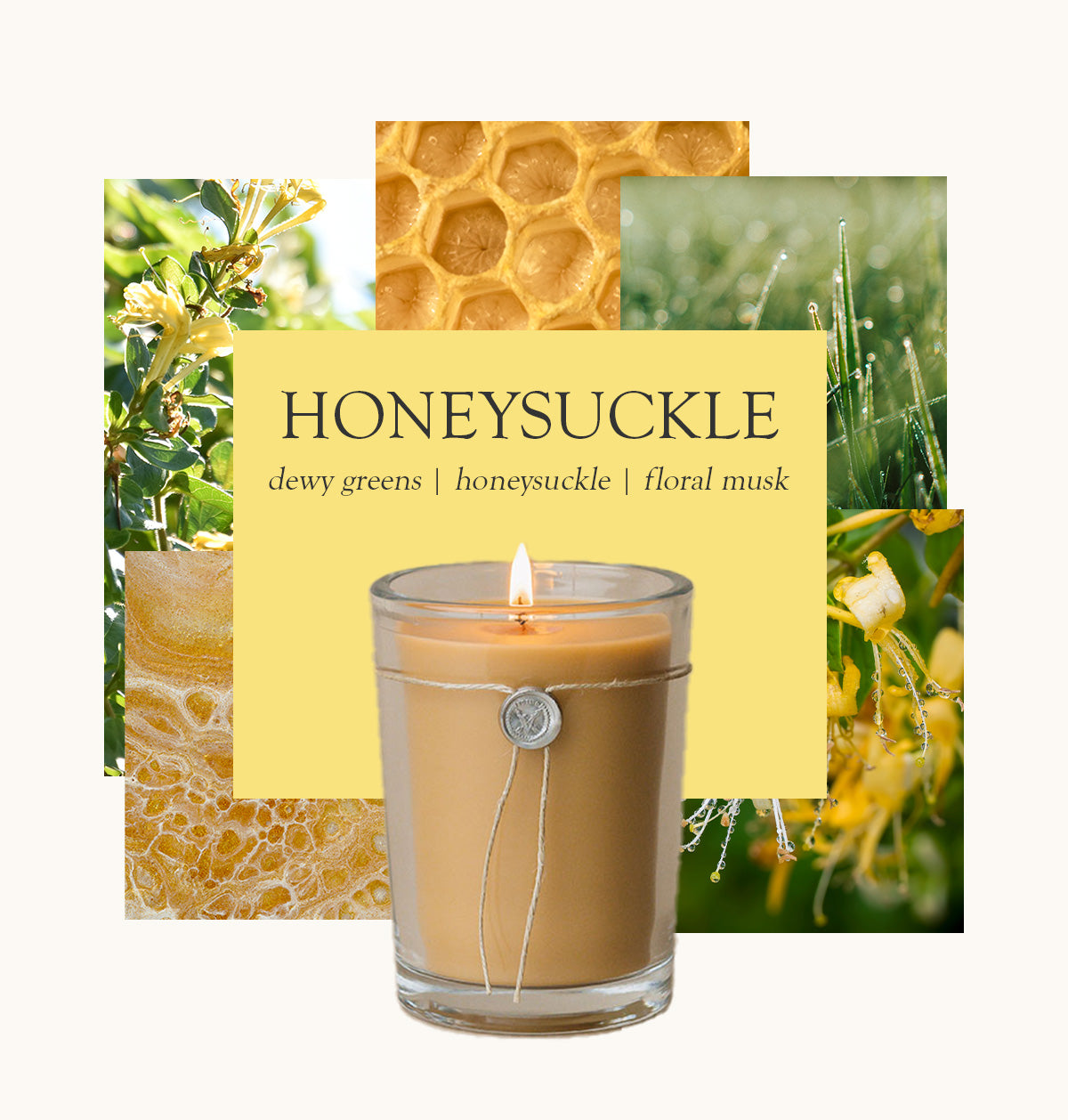 The Votivo Honeysuckle 6.8 oz. Aromatic Candle glows, filling the air with dewy greens, honeysuckle, and floral musk—evoking fresh flowers, honeycomb, and lush grass.