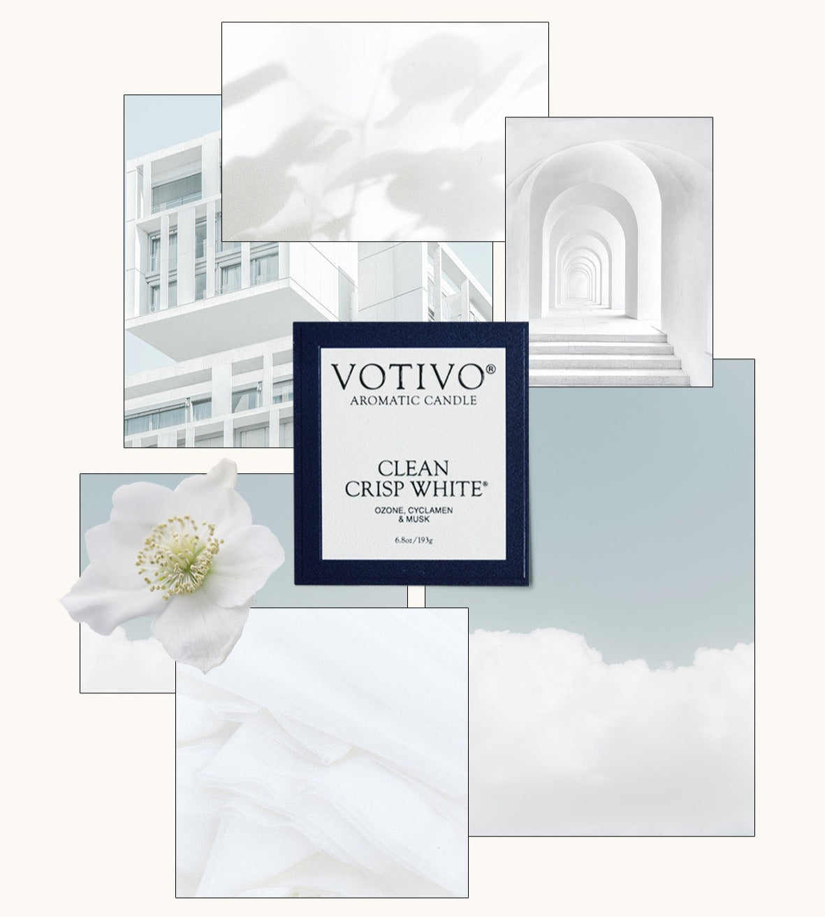 A collage of soft white and gray images—modern building, flower, clouds, arches, and fabric—surrounds a Votivo Clean Crisp White 6.8 oz. Aromatic Candle. The scene feels clean and serene with soothing soy blend wax.