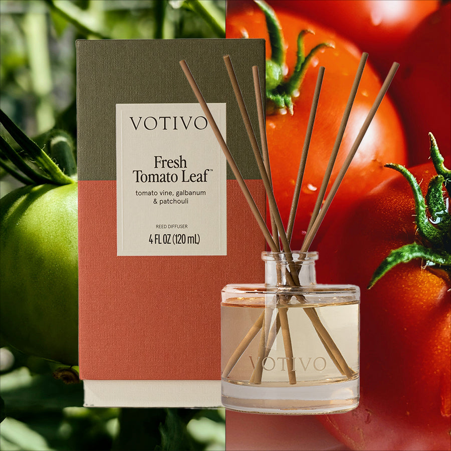A Votivo Fresh Tomato Leaf Reed Diffuser with brown fiber reeds is displayed in front of its red and green box, while close-up images in the background show ripe and green tomatoes on the vine.