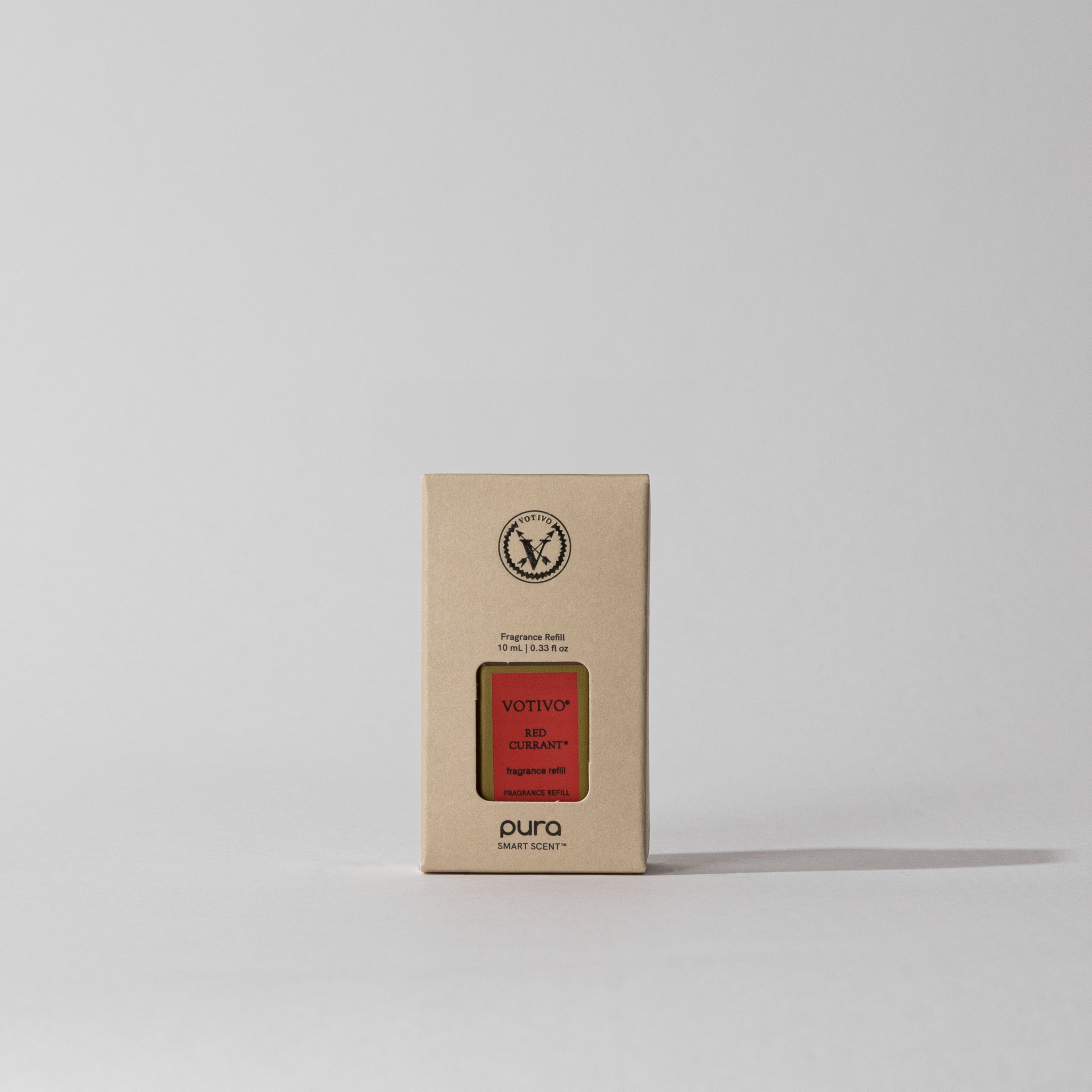 A beige rectangular box of Votivo Red Currant Pura + Votivo Smart Fragrance Refill stands upright on a white background. The label indicates compatibility with the Pura Smart Home Fragrance Diffuser and features Smart Vials technology.