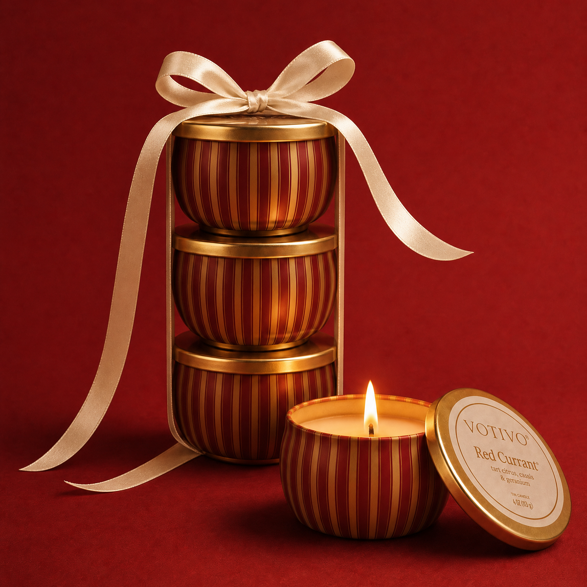 Three stacked Votivo Red Currant scented tin candles tied with a cream ribbon, alongside one lit candle and its lid on a dark red background.