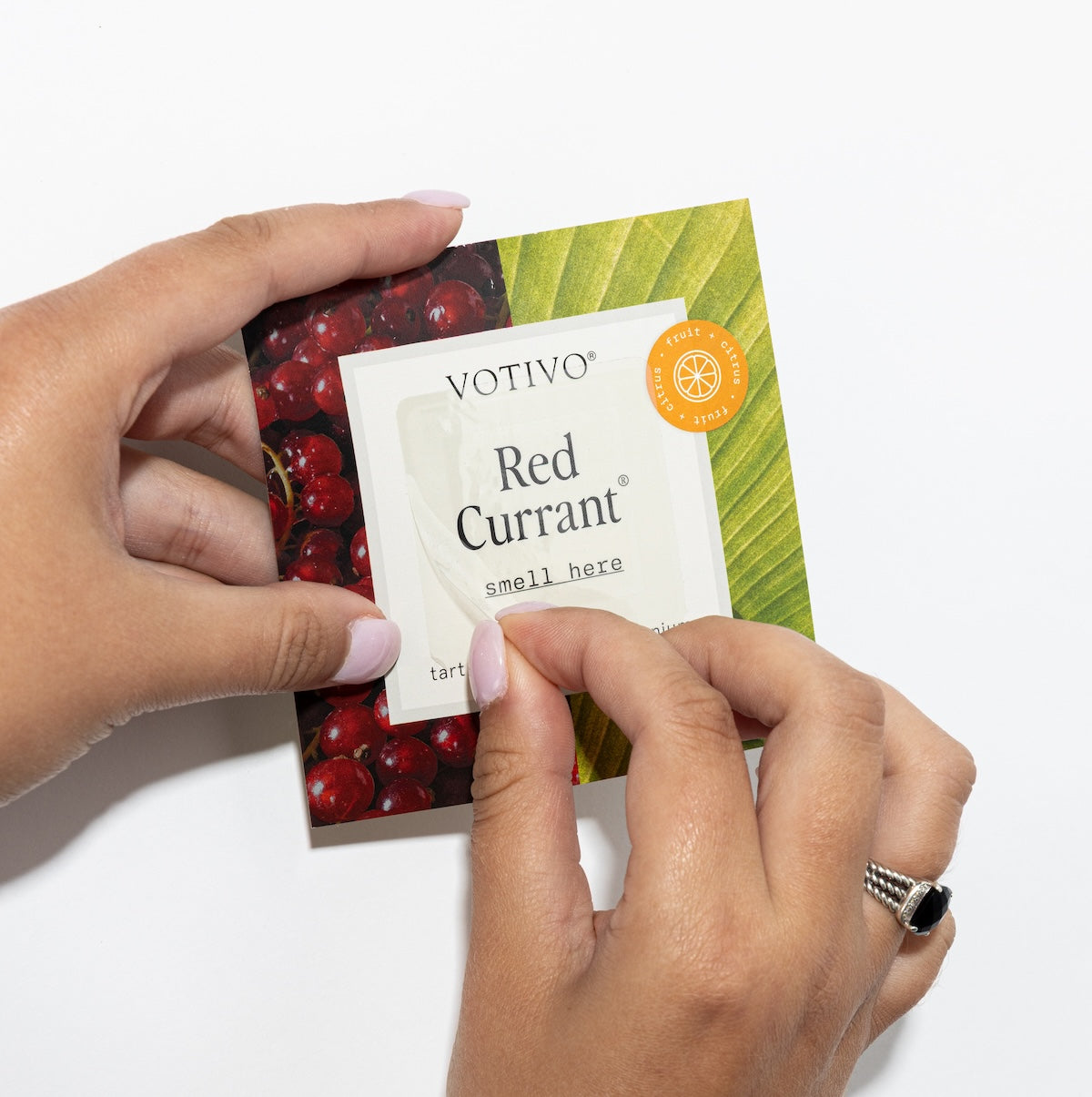 A person peels back a corner of a Votivo Fragrance Sample Kit card, revealing a “smell here” section. The card shows red currants with a green leaf background and weighs 0.1 pounds.