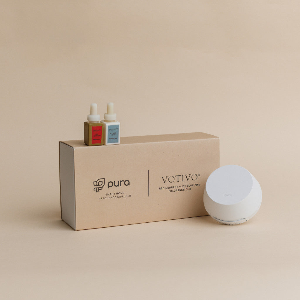 PURA + VOTIVO Smart Home Diffuser Set with Red Currant & Icy Blue Pine Votivo