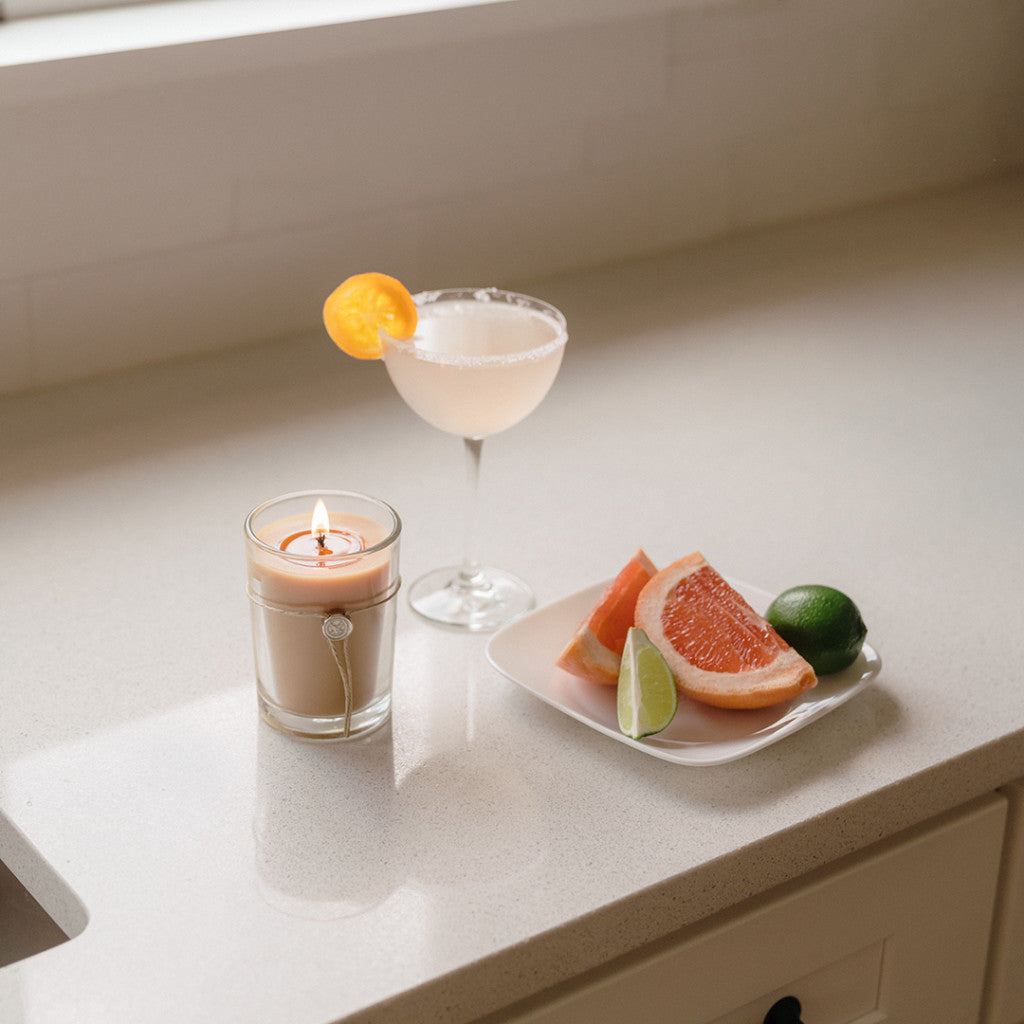 A Votivo Island Grapefruit 6.8 oz. aromatic candle sits beside a cocktail glass with a salted rim, lemon garnish, and a plate of grapefruit wedges and lime slices on a light-colored kitchen counter.