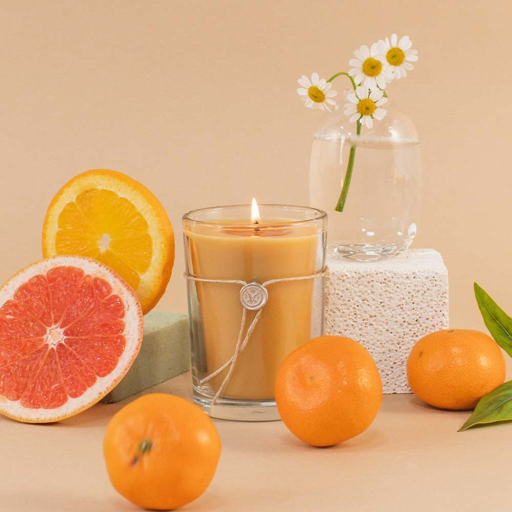 The Votivo Island Grapefruit 6.8 oz. Aromatic Candle in a glass jar sits among sliced orange, whole tangerines, green leaves, and daisies on pastel blocks against a beige background.