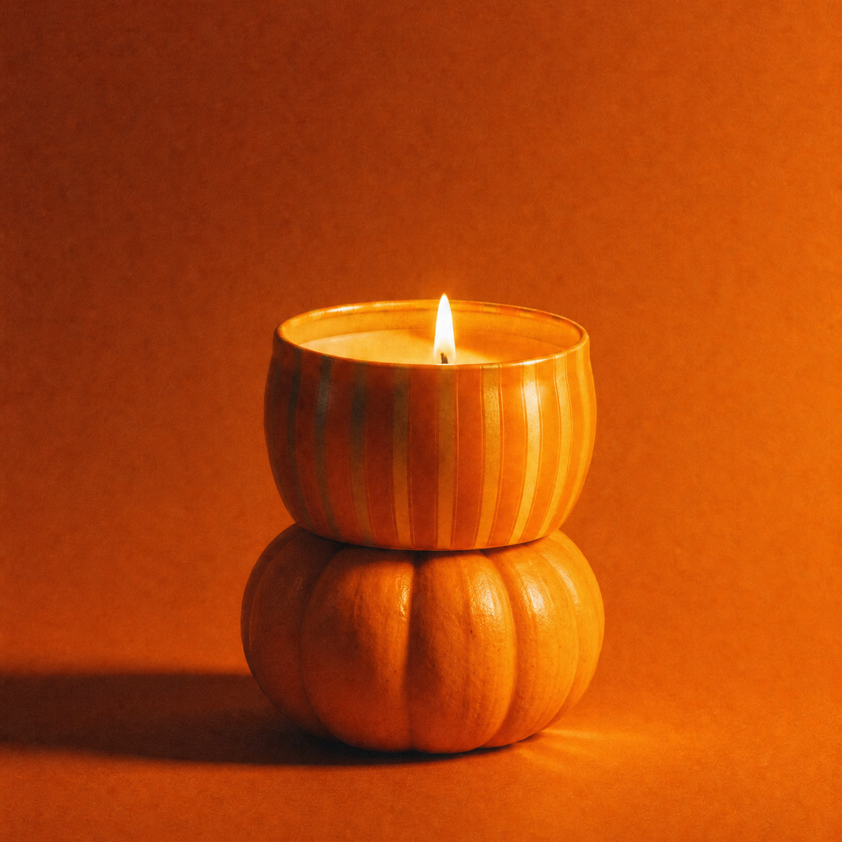 A lit spiced chai candle tin stacked on a matching pumpkin against a warm orange background