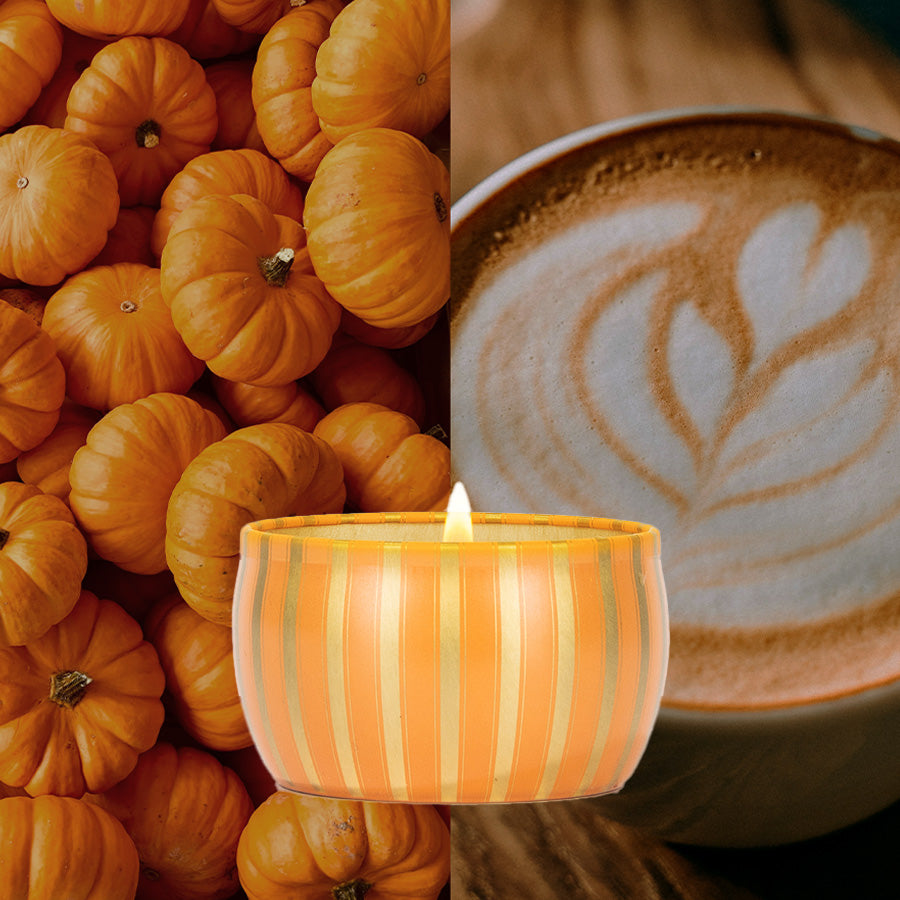 A split-image features small orange pumpkins on the left, a close-up of a latte with leaf-shaped foam art on the right, and a glowing Votivo Spiced Chai Holiday Tin Candle made from soy blend wax centered in the foreground.
