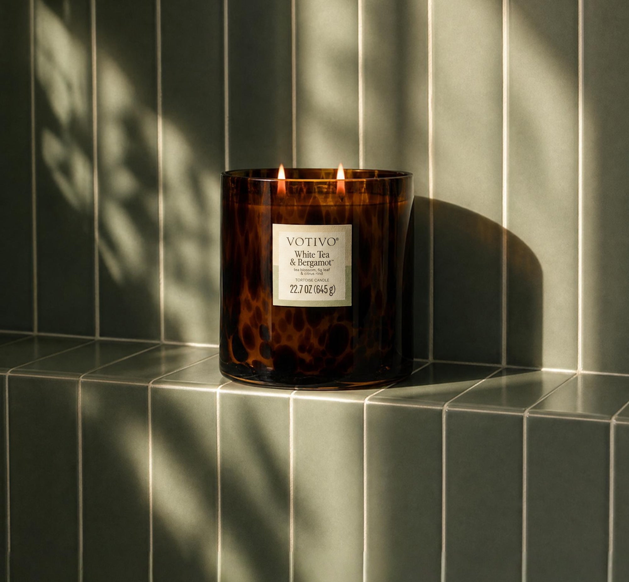 A Votivo White Tea & Bergamot Tortoise Candle glows with two flames on sunlit green tiles, casting leaf shadows and creating a warm, serene atmosphere.