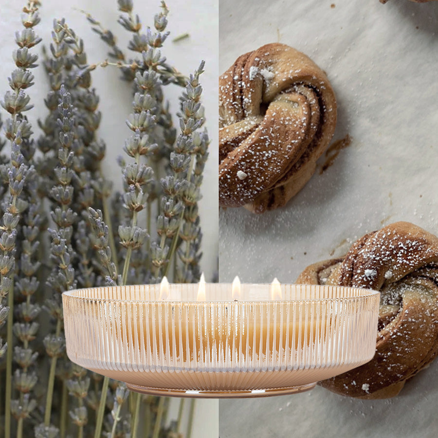 A collage shows dried lavender on the left, cinnamon pastries on the right, and a Votivo Joie De Noel Holiday Multi-Wick Candle in a ribbed glass bowl at the center front.
