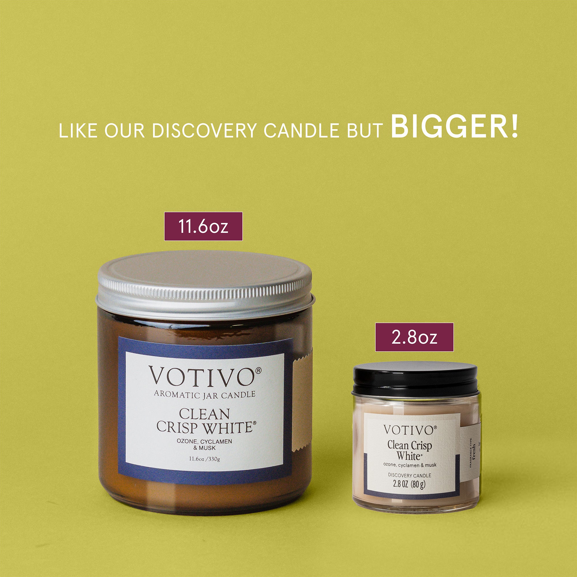 Two Votivo Limited Edition Candle Set – Red Currant, Clean Crisp White & Teak Large Amber Jars are displayed on a green background, with size comparisons above—perfect for bringing fragrance and style to any space.