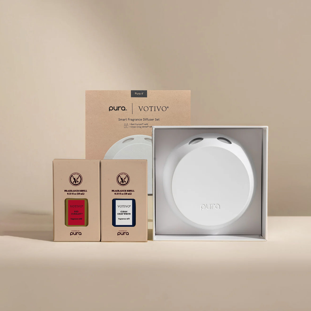 Pura + Votivo Smart Home Diffuser Set (with Red Currant & Clean Crisp White)