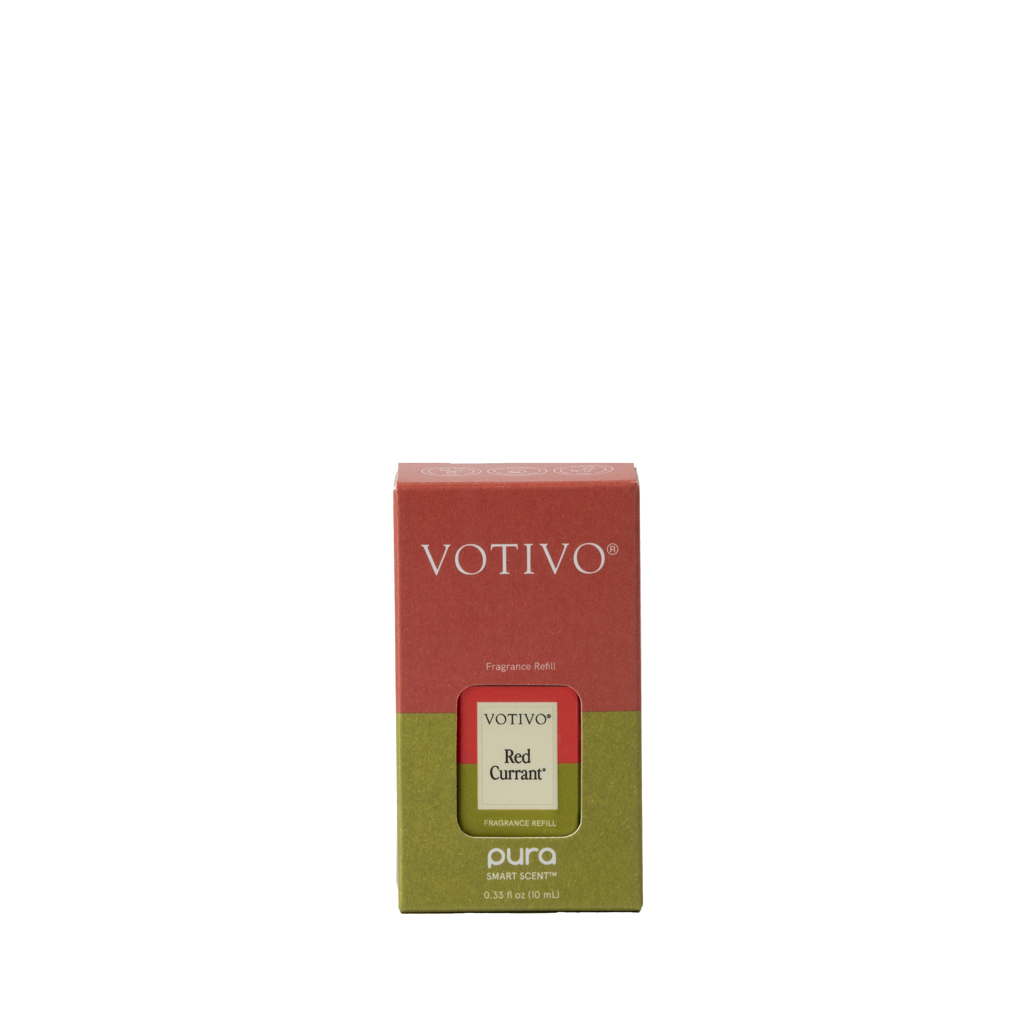 A Votivo Red Currant Votivo + Pura Fragrance Refill Vial, for use with Pura Smart Diffusers, features a red and green box with white and gold text, displayed upright against a plain white background—ideal for smart home fragrance fans.