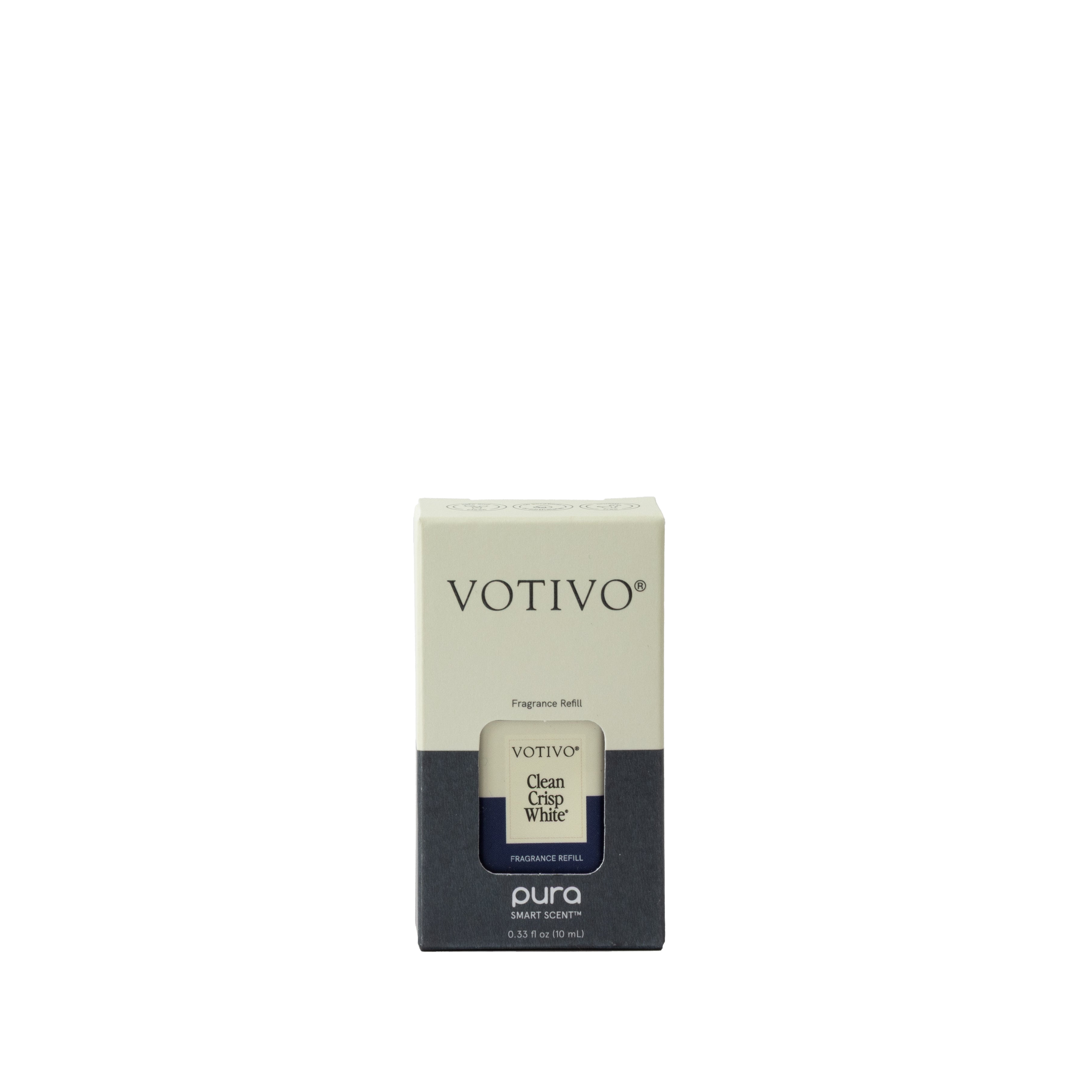 The Votivo Clean Crisp White Pura Refill Vial offers a fresh scent for your Pura Smart Fragrance Diffuser and is easily managed through the Pura app for a personalized experience.