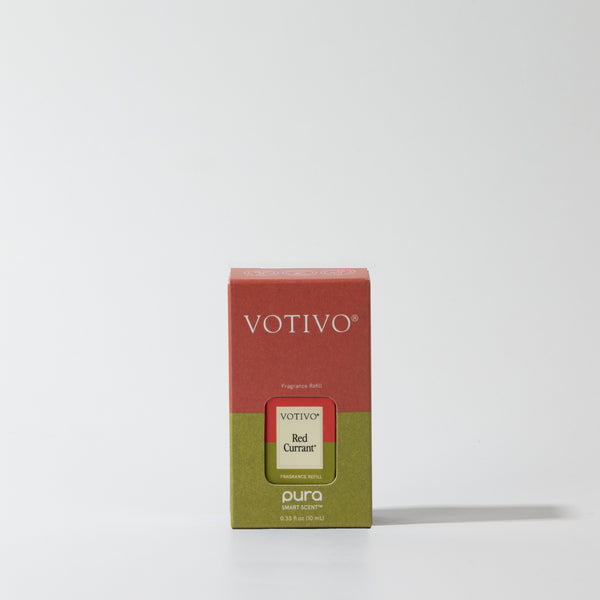 A Red Currant Votivo + Pura Fragrance Refill Vial by Votivo stands upright against a white background. Designed for the Pura Smart Diffuser, this box is red on top and green below, bringing an inviting Red Currant scent to your home.